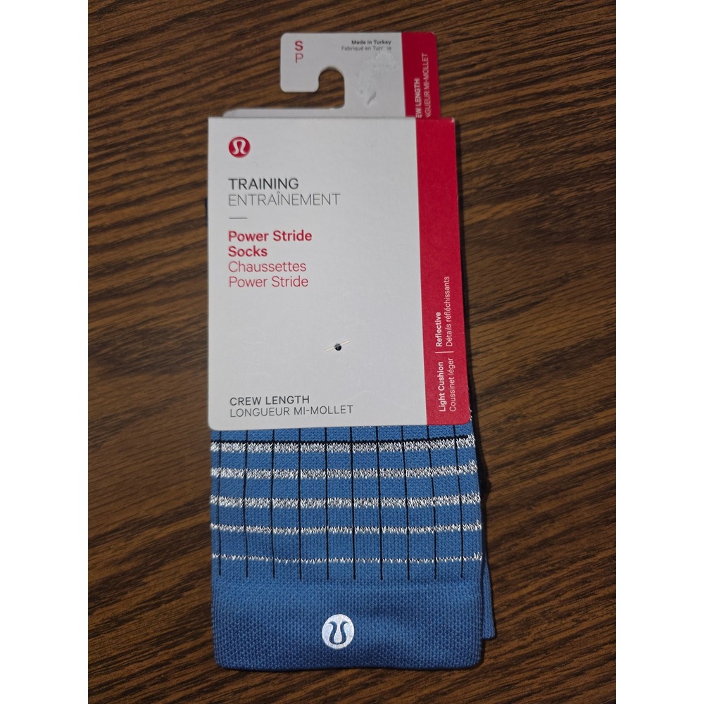 Lululemon Power Stride Crew Socks Blue Reflective Training Athletic Size S/P NEW